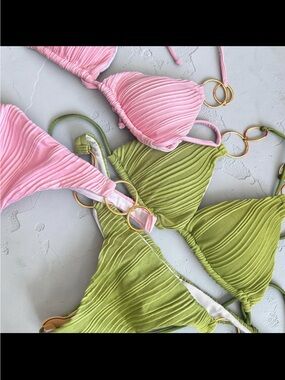 Pink & Olive Ribbed Triangle Bikini Set - Women Intimates & Sleepwear